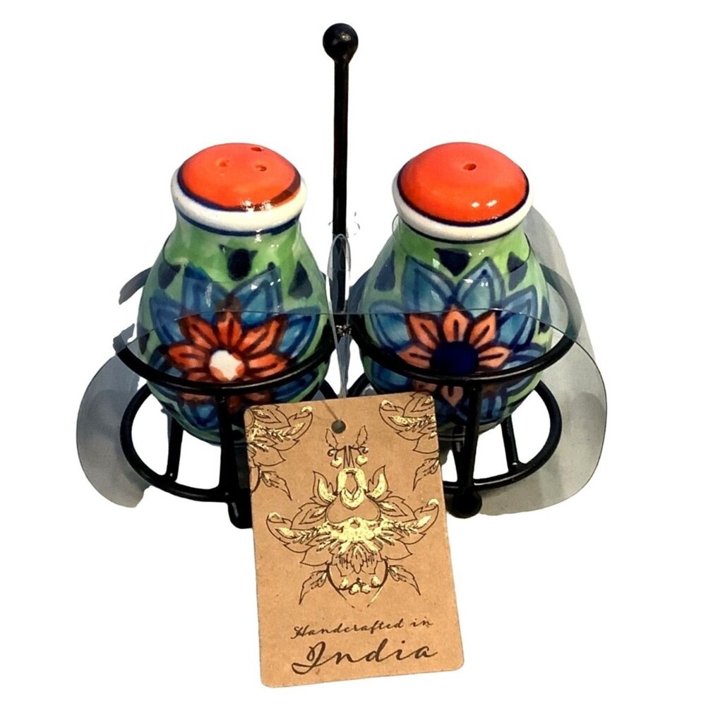 Salt and Pepper Shaker Hand Painted Iron Holder Handcrafted India Ceramic - Picture 2 of 7